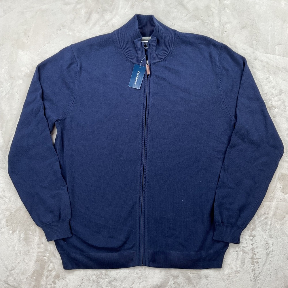 Club Room Mens XL Navy Blue Full Zip Mock Neck 100% Cotton Cardigan Sweater NWT